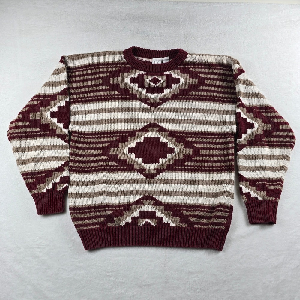 Emerald Club Mens XL Southwestern Geometric Knit Sweater Burgundy Cotton Ramie